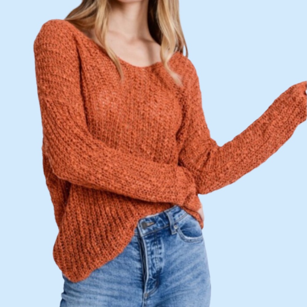 Rustic Orange Open Weave Twist Knot Back V-neck Top - Picture 3 of 12